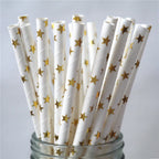 25Pcs Metallic Gold Heart Star Foil Stripe Paper Straws Silver Chevron Wedding Party Decor
