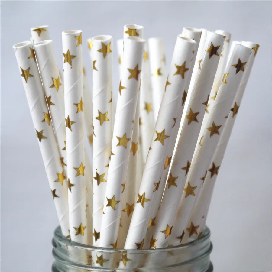 25Pcs Metallic Gold Heart Star Foil Stripe Paper Straws Silver Chevron Wedding Party Decor