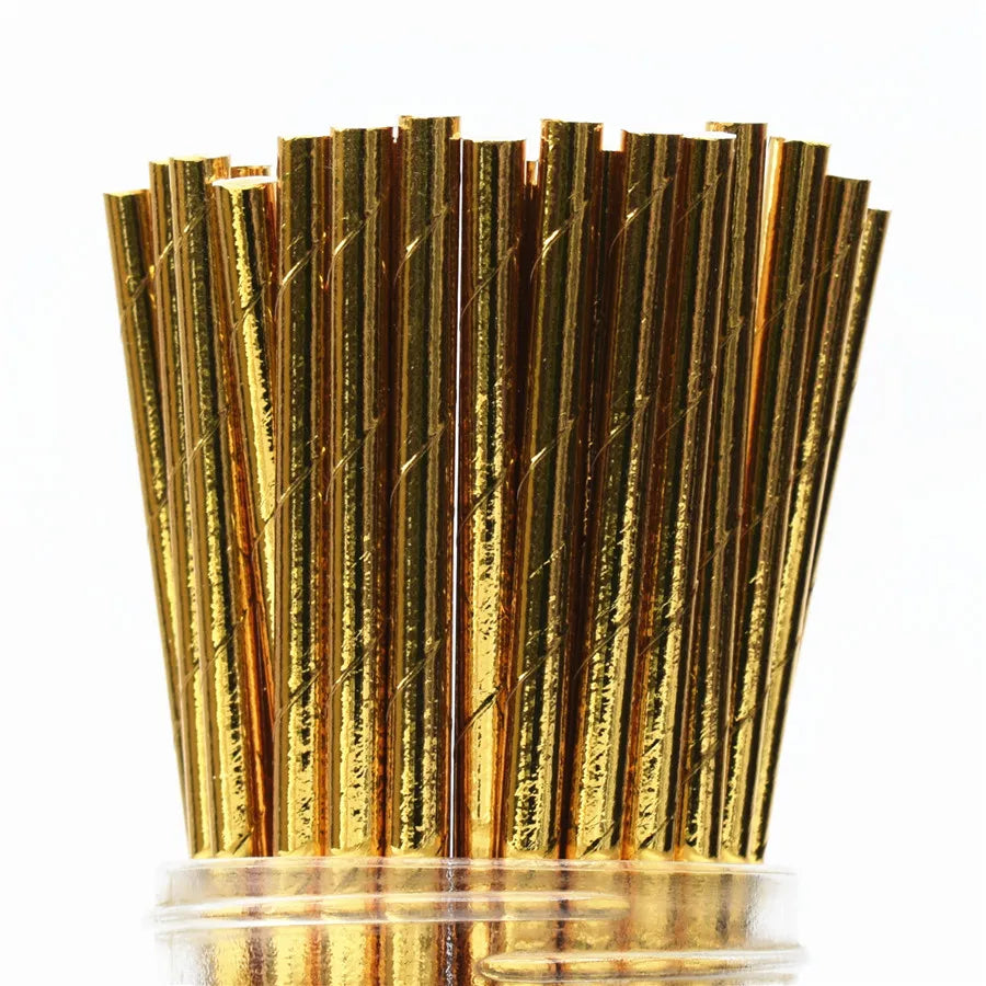 25Pcs Metallic Gold Heart Star Foil Stripe Paper Straws Silver Chevron Wedding Party Decor
