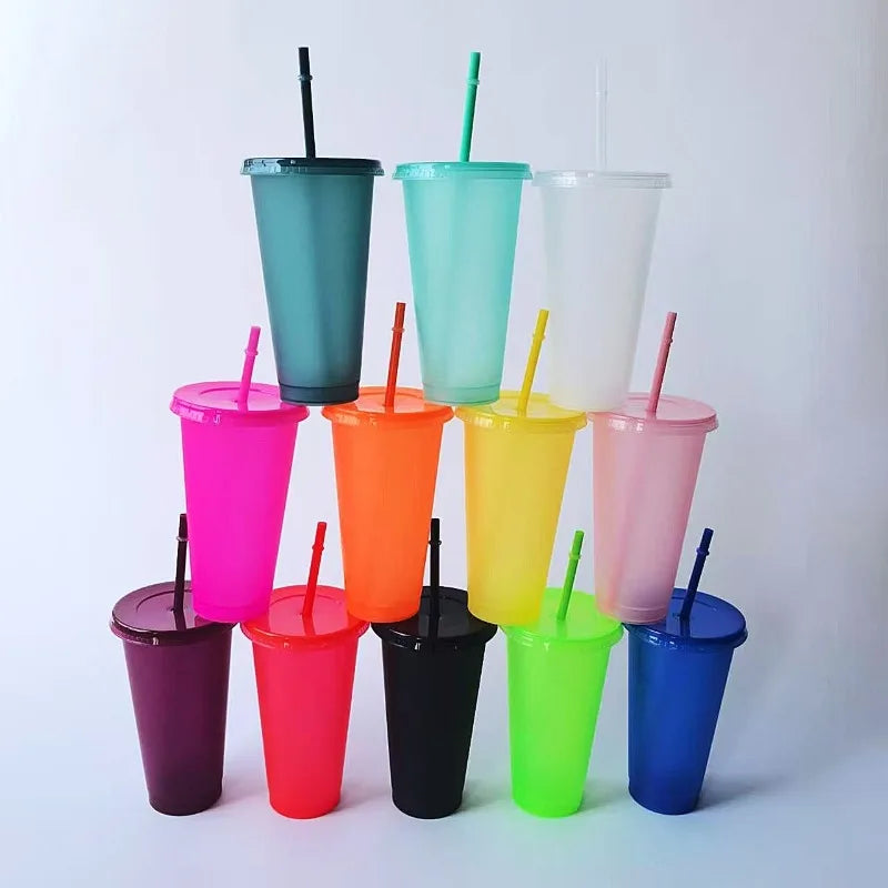 5PCS Assorted Solid Color Reusable 24Oz Plastic Cold Cup Coloured Cup Colored Straw Cup Glasses with Straw and Lid No Logo 710ML