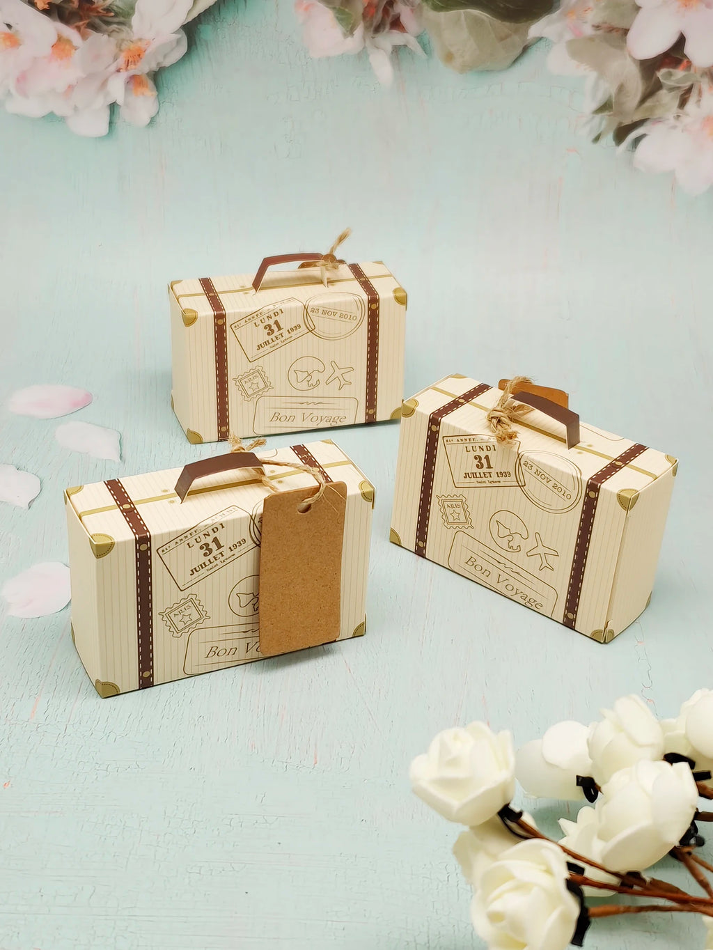 10Pcs Luggage with Hemp Rope Tag Packaging Box, Candy Box, Gift Packaging Box