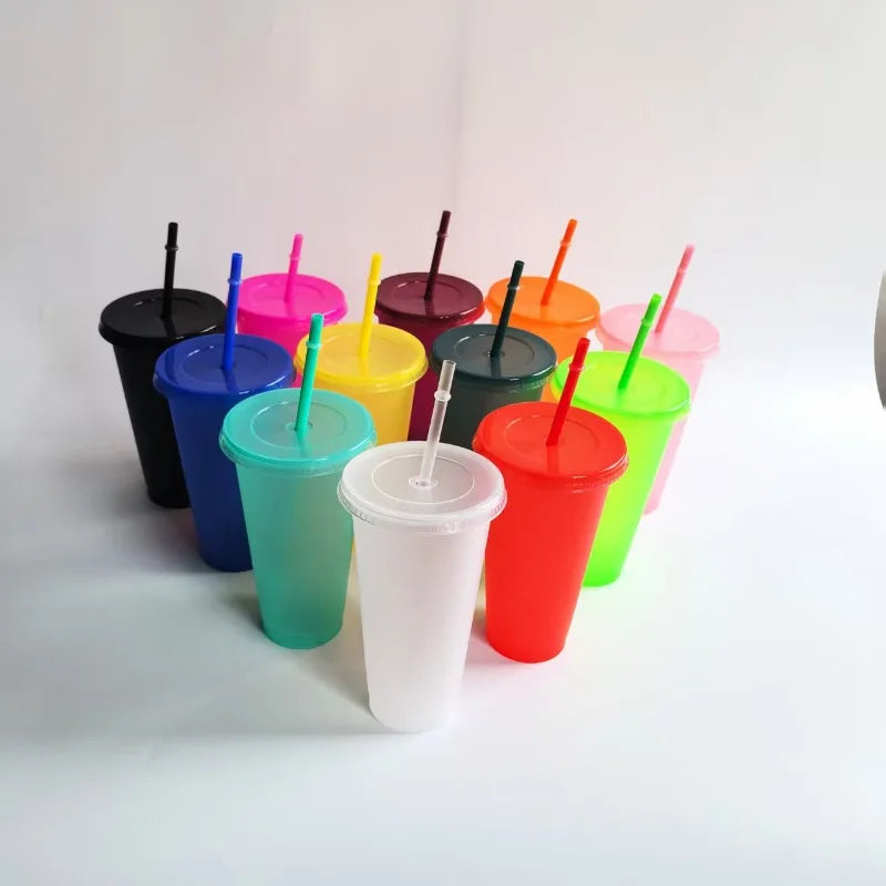 5PCS Assorted Solid Color Reusable 24Oz Plastic Cold Cup Coloured Cup Colored Straw Cup Glasses with Straw and Lid No Logo 710ML