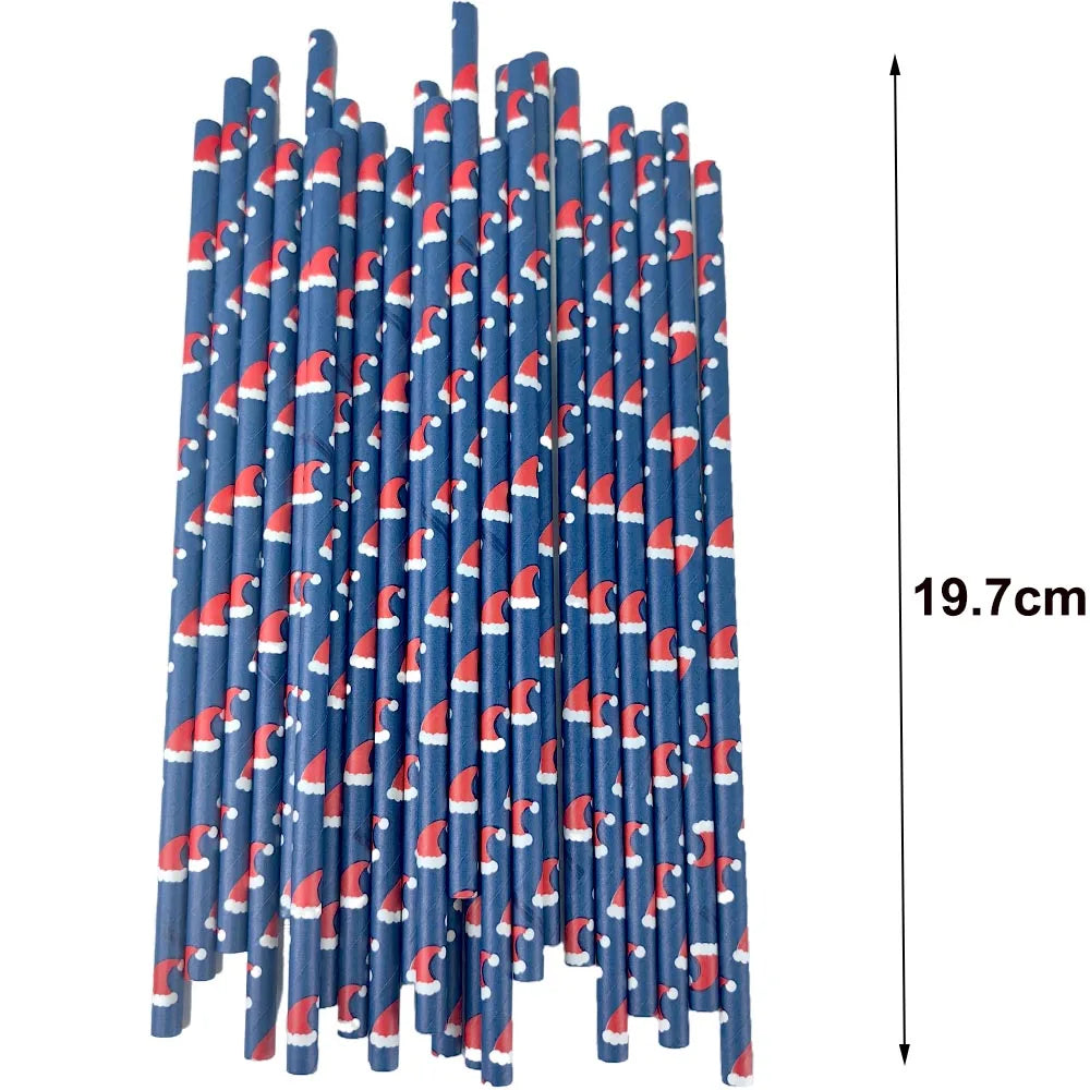 50Pcs Christmas Paper Straws Christmas Tree Elk Snowflakes Striped Straws Disposable Biodegradable Drinking Straws Xmas Supplies