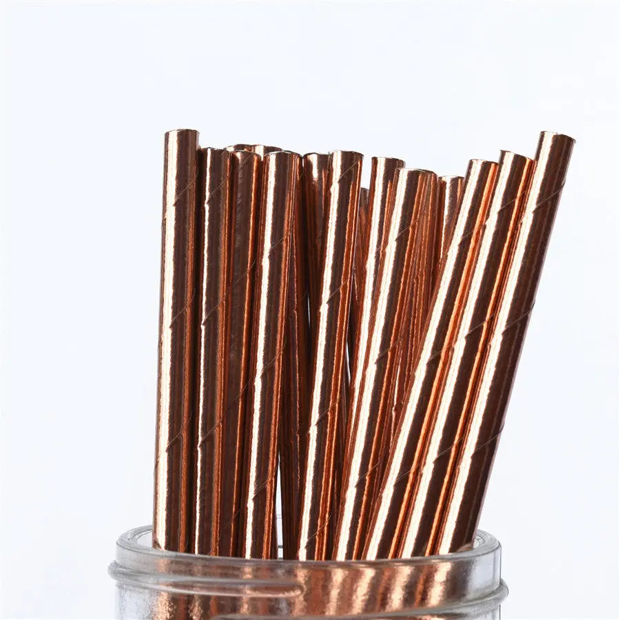 25Pcs Metallic Gold Heart Star Foil Stripe Paper Straws Silver Chevron Wedding Party Decor