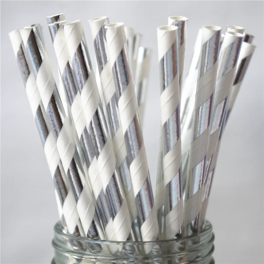 25Pcs Metallic Gold Heart Star Foil Stripe Paper Straws Silver Chevron Wedding Party Decor
