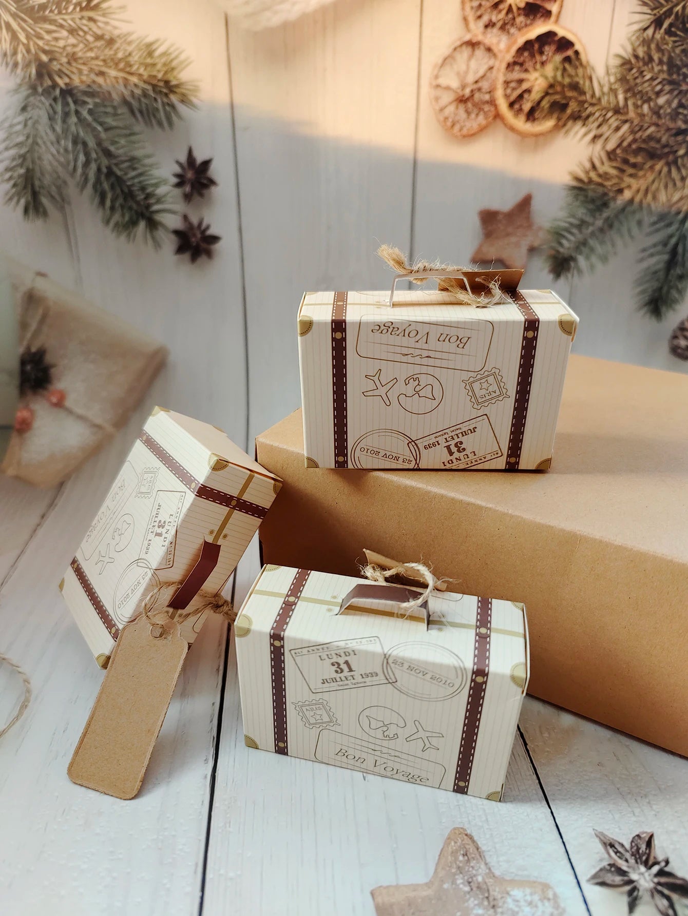 10Pcs Luggage with Hemp Rope Tag Packaging Box, Candy Box, Gift Packaging Box