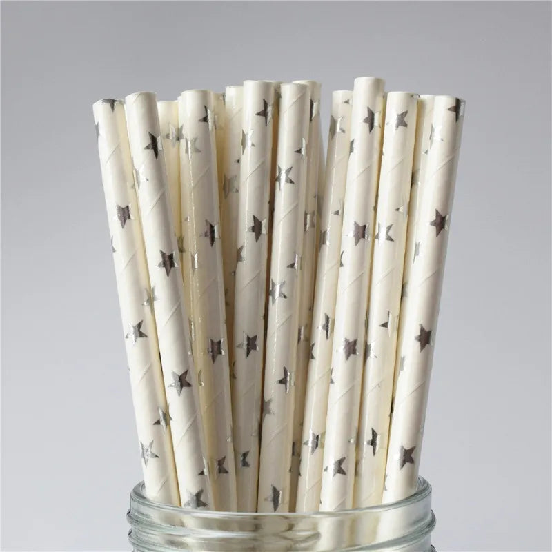 25Pcs Metallic Gold Heart Star Foil Stripe Paper Straws Silver Chevron Wedding Party Decor
