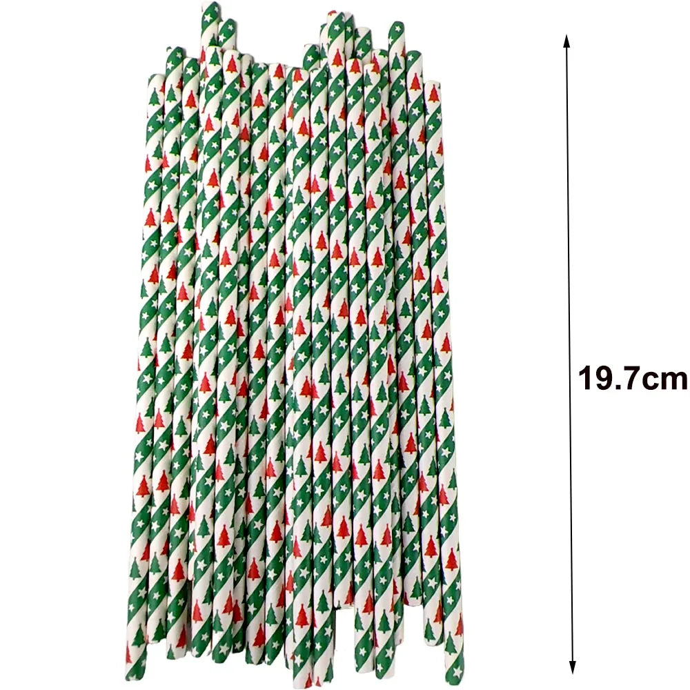 50Pcs Christmas Paper Straws Christmas Tree Elk Snowflakes Striped Straws Disposable Biodegradable Drinking Straws Xmas Supplies
