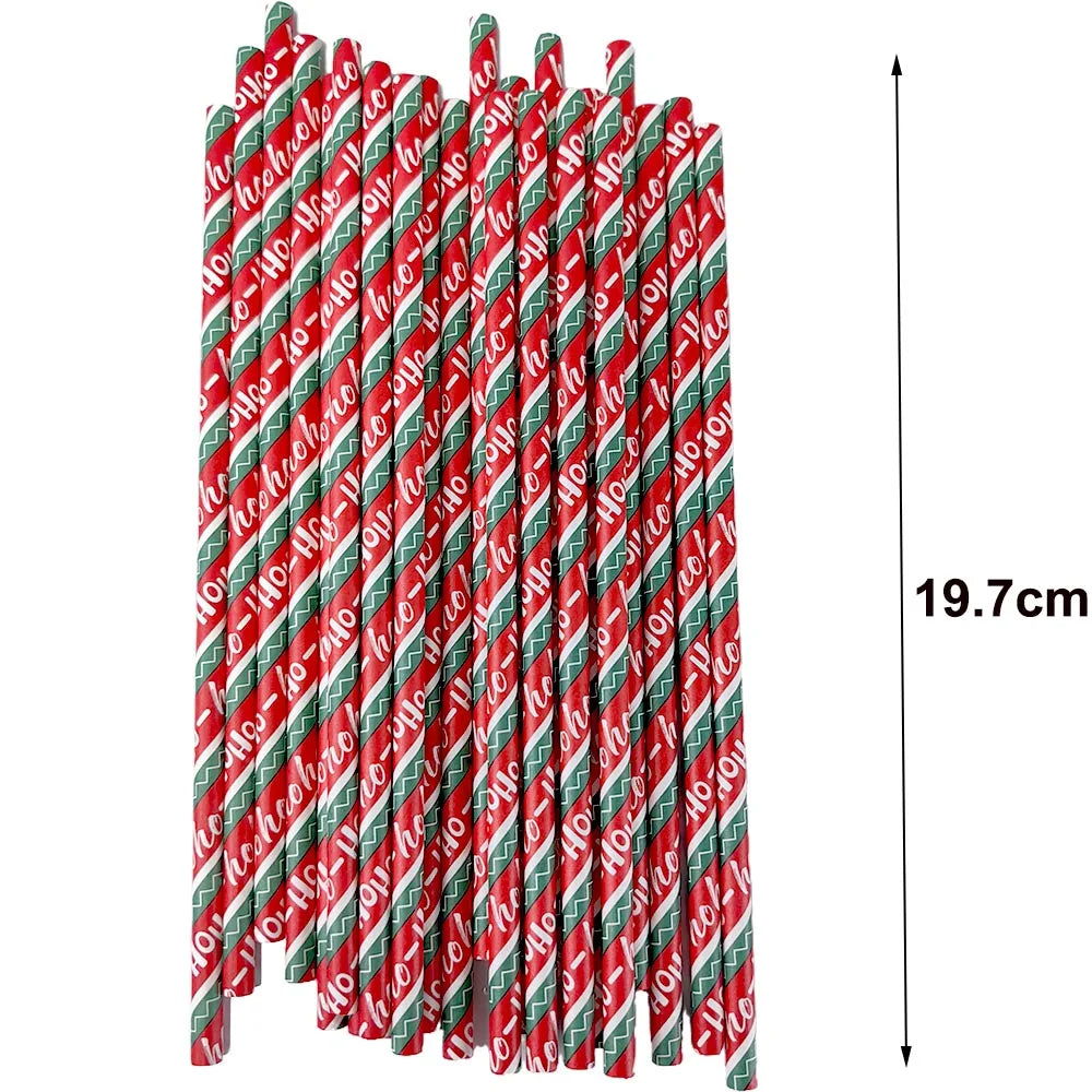 50Pcs Christmas Paper Straws Christmas Tree Elk Snowflakes Striped Straws Disposable Biodegradable Drinking Straws Xmas Supplies