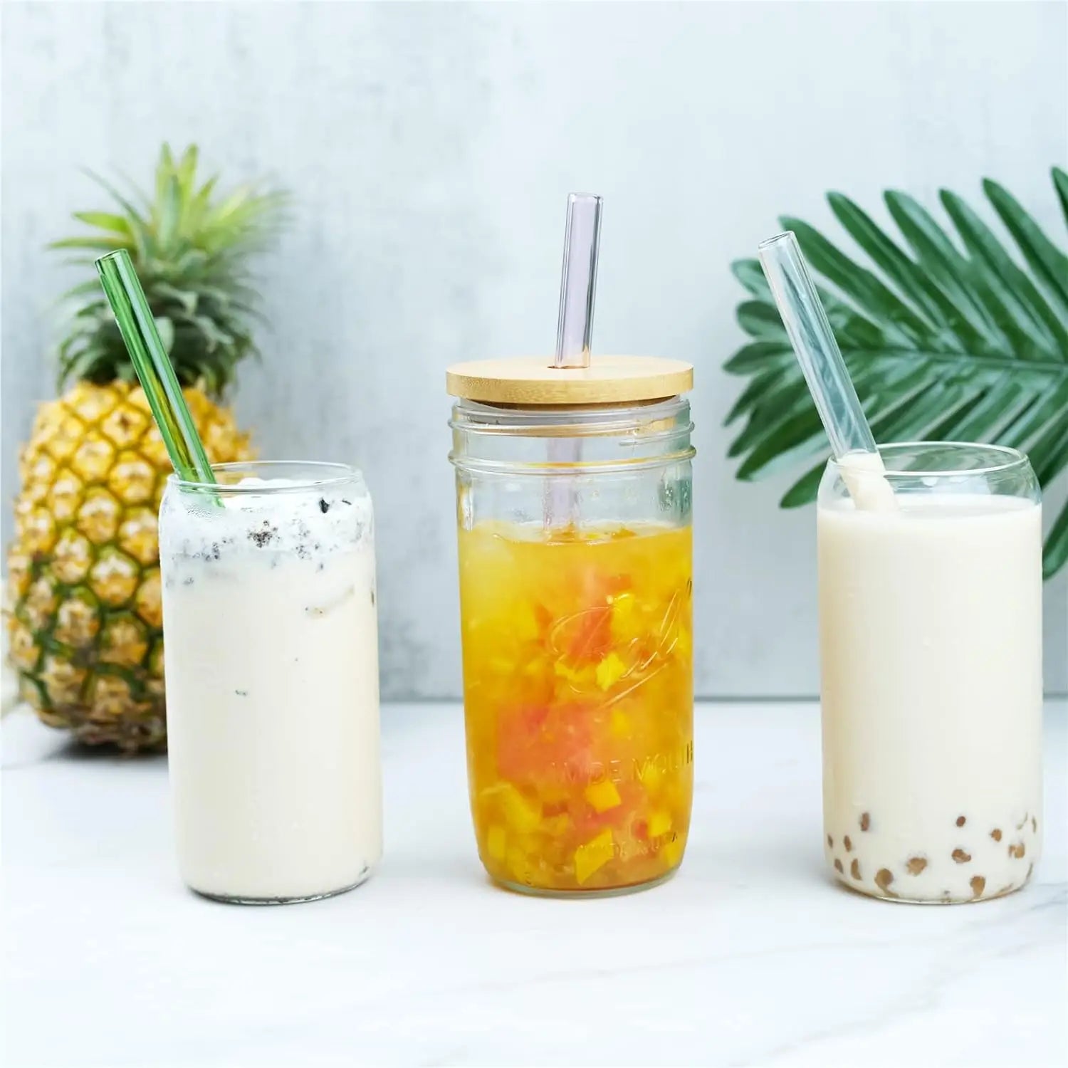 12Pcs Reusable High Borosilicate Glass Straw Wide 12Mm Pearl Milkshake Bubble Tea Straw with Brush Bar Accessories