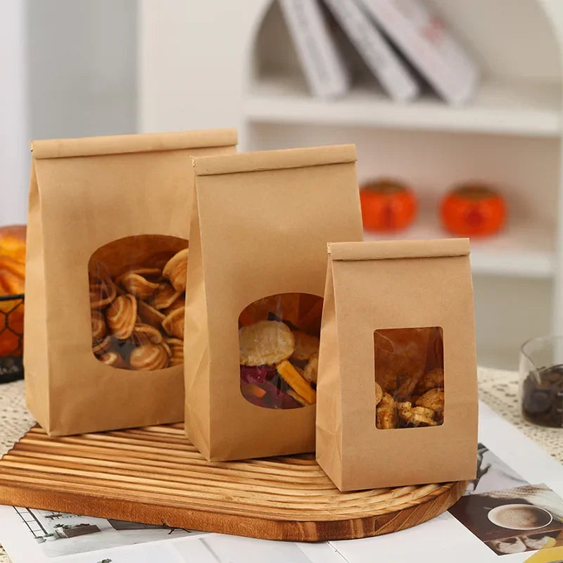 50Pcs Small Bakery Cookie Bags with Window Kraft Paper Brown Tin Tie Coffee Bags for Homemade Bread Cookie Coffee Bean Snack