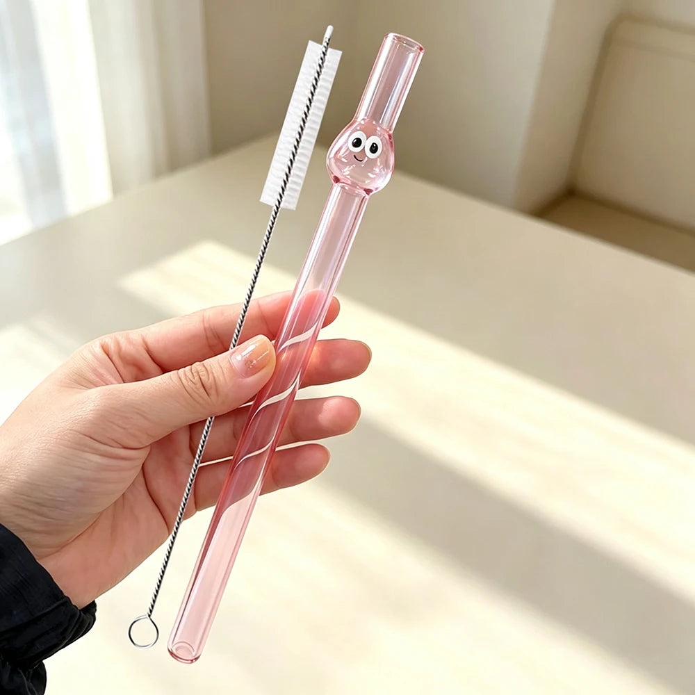 1Ps Reusable High Borosilicate Glass Straw Wide 12Mm Pearl Milkshake Bubble Tea Straw with 1Pc Brush Bar Accessories