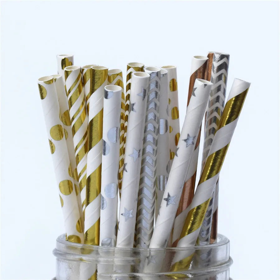 25Pcs Metallic Gold Heart Star Foil Stripe Paper Straws Silver Chevron Wedding Party Decor
