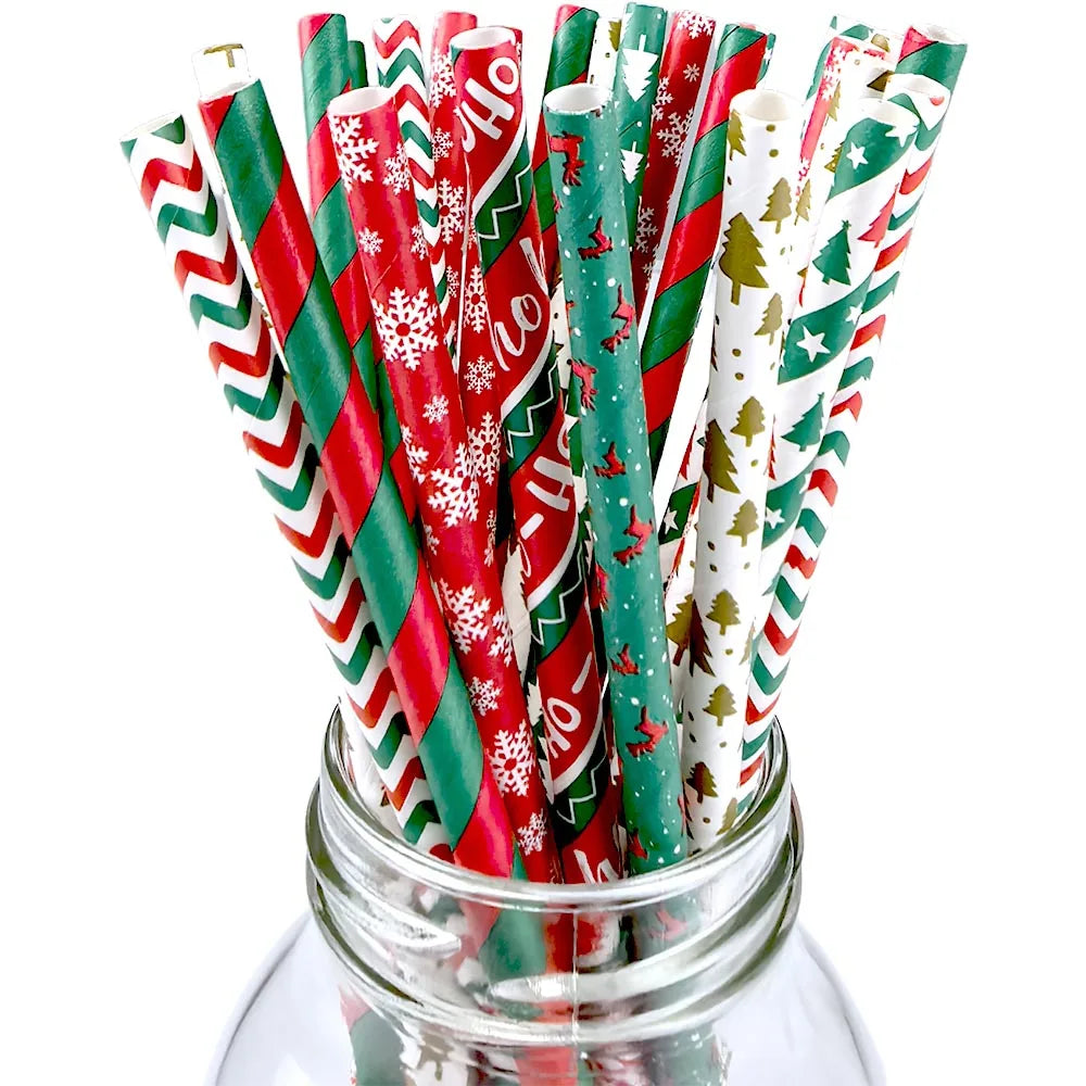50Pcs Christmas Paper Straws Christmas Tree Elk Snowflakes Striped Straws Disposable Biodegradable Drinking Straws Xmas Supplies