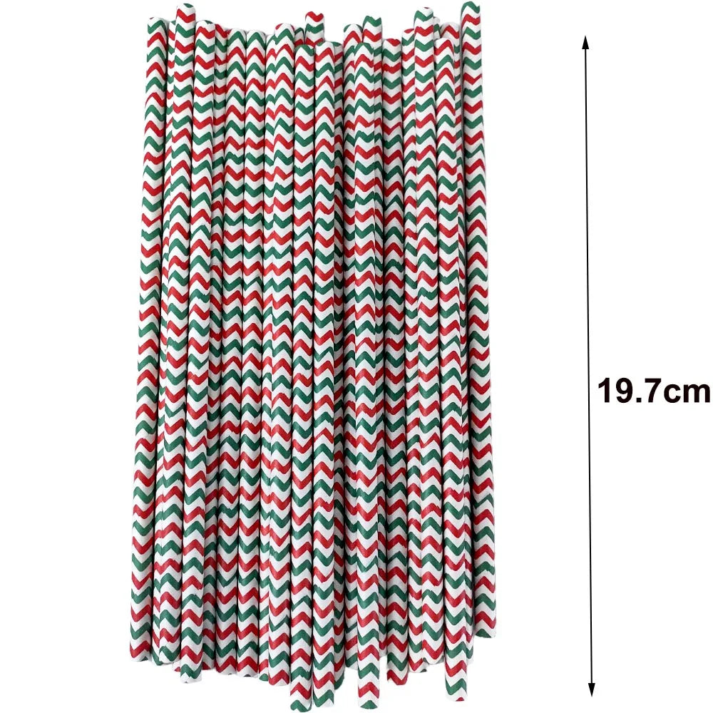 50Pcs Christmas Paper Straws Christmas Tree Elk Snowflakes Striped Straws Disposable Biodegradable Drinking Straws Xmas Supplies