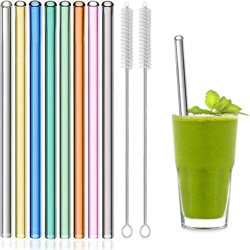 8-Pack 8 Colors Glass Straws Reusable Eco-Friendly Drinking Straws with 2 Cleaning Brush Tea Juice Cocktail Party Supply Summer