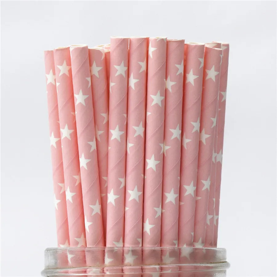 25Pcs Metallic Gold Heart Star Foil Stripe Paper Straws Silver Chevron Wedding Party Decor