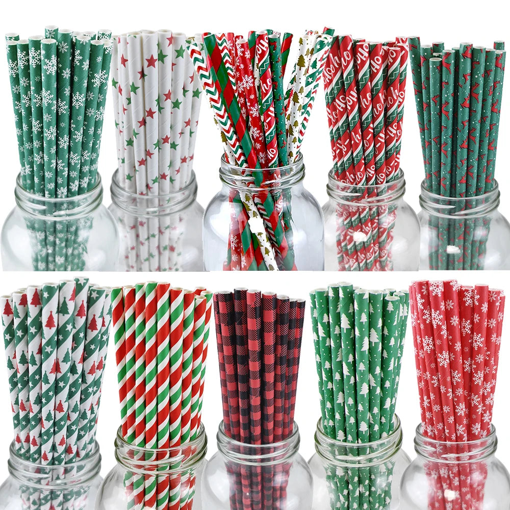 50Pcs Christmas Paper Straws Christmas Tree Elk Snowflakes Striped Straws Disposable Biodegradable Drinking Straws Xmas Supplies