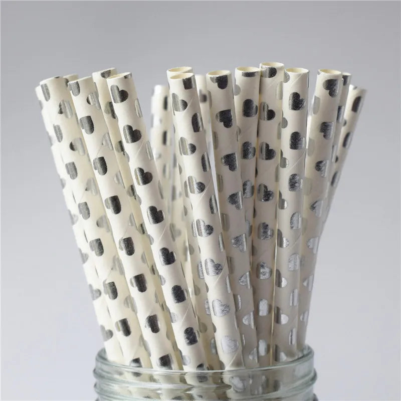 25Pcs Metallic Gold Heart Star Foil Stripe Paper Straws Silver Chevron Wedding Party Decor