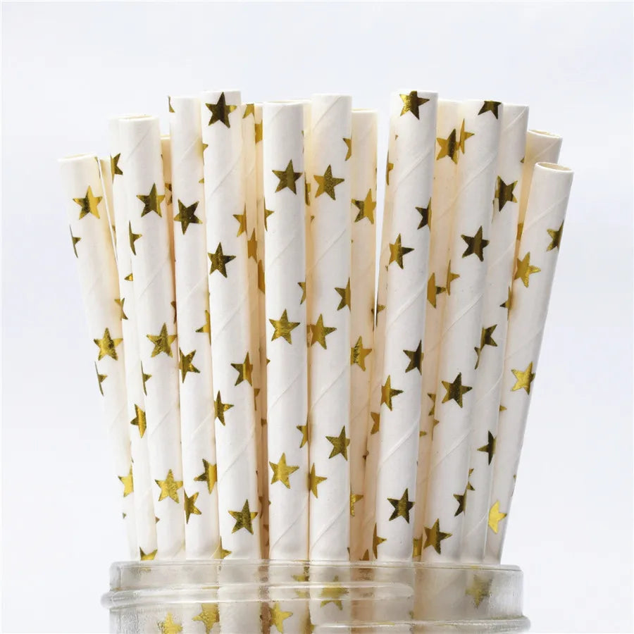 25Pcs Metallic Gold Heart Star Foil Stripe Paper Straws Silver Chevron Wedding Party Decor