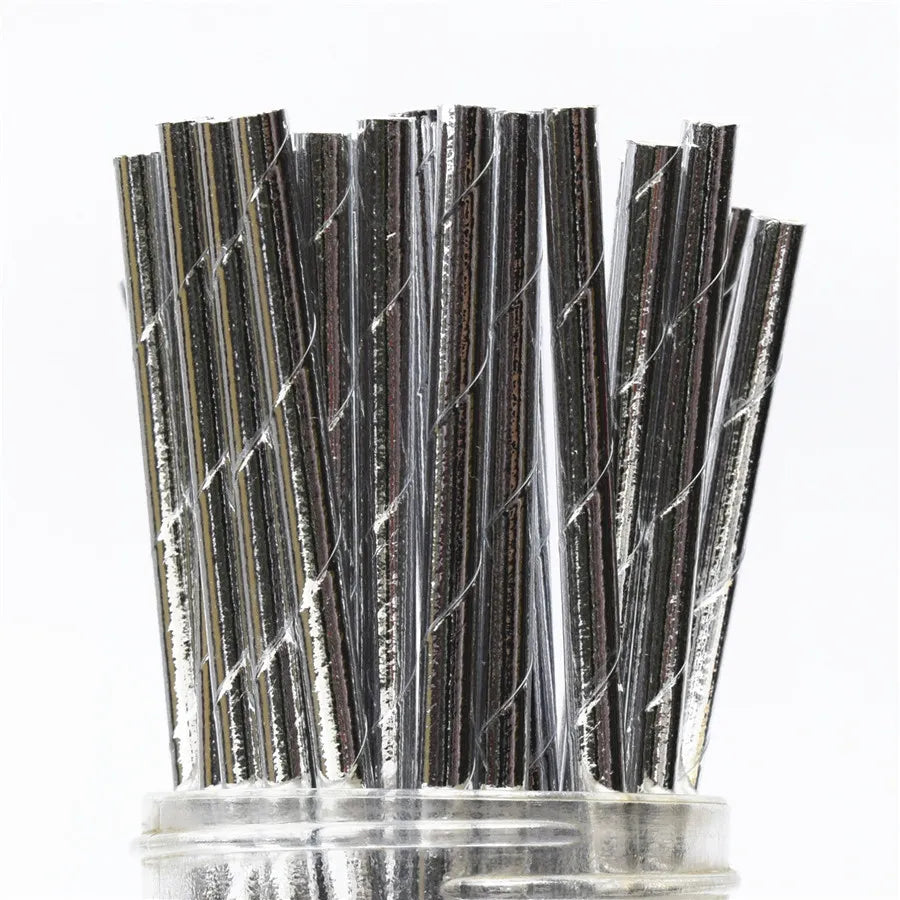 25Pcs Metallic Gold Heart Star Foil Stripe Paper Straws Silver Chevron Wedding Party Decor