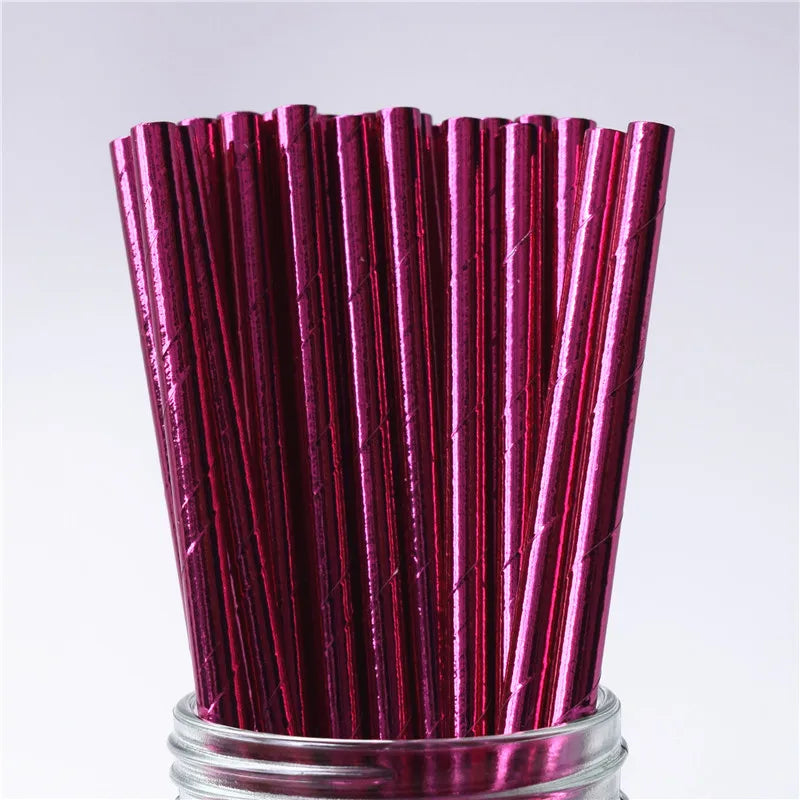 25Pcs Metallic Gold Heart Star Foil Stripe Paper Straws Silver Chevron Wedding Party Decor