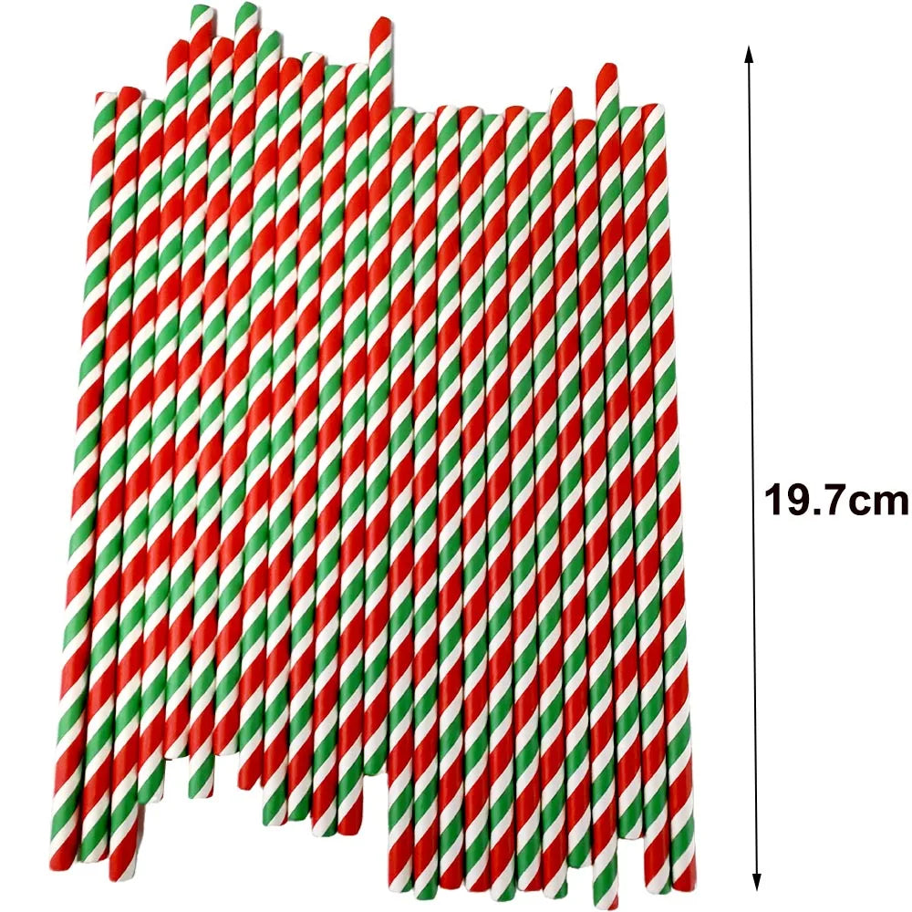 50Pcs Christmas Paper Straws Christmas Tree Elk Snowflakes Striped Straws Disposable Biodegradable Drinking Straws Xmas Supplies