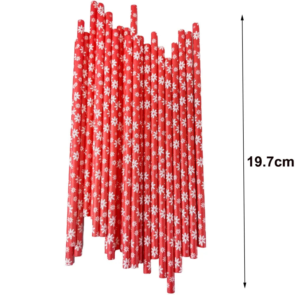 50Pcs Christmas Paper Straws Christmas Tree Elk Snowflakes Striped Straws Disposable Biodegradable Drinking Straws Xmas Supplies