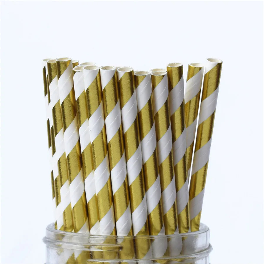 25Pcs Metallic Gold Heart Star Foil Stripe Paper Straws Silver Chevron Wedding Party Decor
