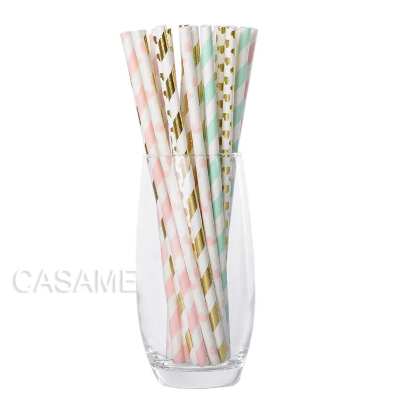 25Pcs Metallic Gold Heart Star Foil Stripe Paper Straws Silver Chevron Wedding Party Decor