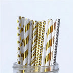 25Pcs Metallic Gold Heart Star Foil Stripe Paper Straws Silver Chevron Wedding Party Decor