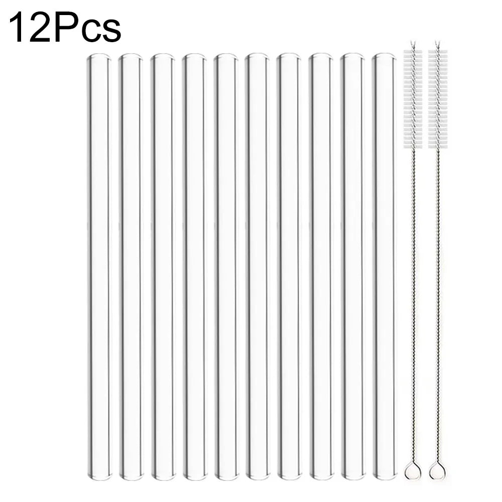 12Pcs Reusable High Borosilicate Glass Straw Wide 12Mm Pearl Milkshake Bubble Tea Straw with Brush Bar Accessories
