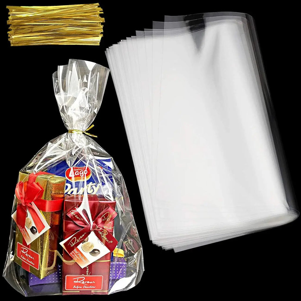 100/200 Pieces of Cellophane Packaging Processing Bag Transparent Flat with Color Tie Wire for Gift Packaging, Bakery, Candy