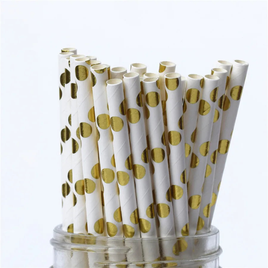 25Pcs Metallic Gold Heart Star Foil Stripe Paper Straws Silver Chevron Wedding Party Decor