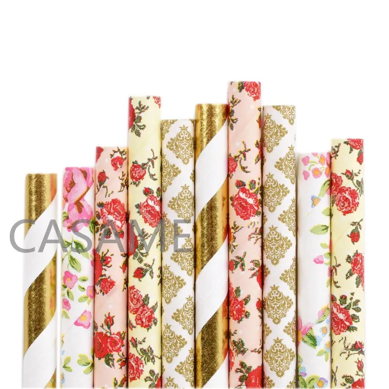 25Pcs Metallic Gold Heart Star Foil Stripe Paper Straws Silver Chevron Wedding Party Decor