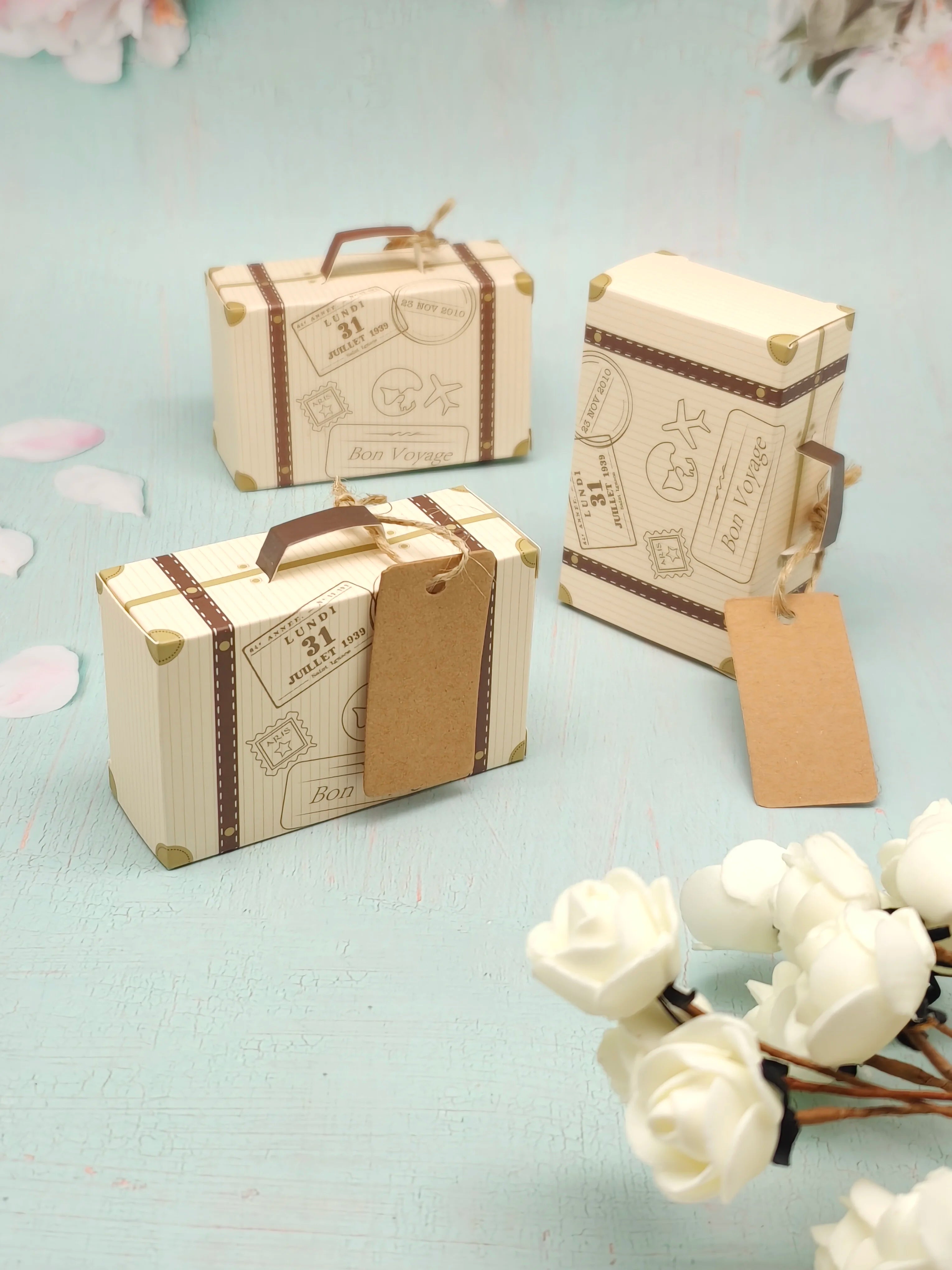 10Pcs Luggage with Hemp Rope Tag Packaging Box, Candy Box, Gift Packaging Box