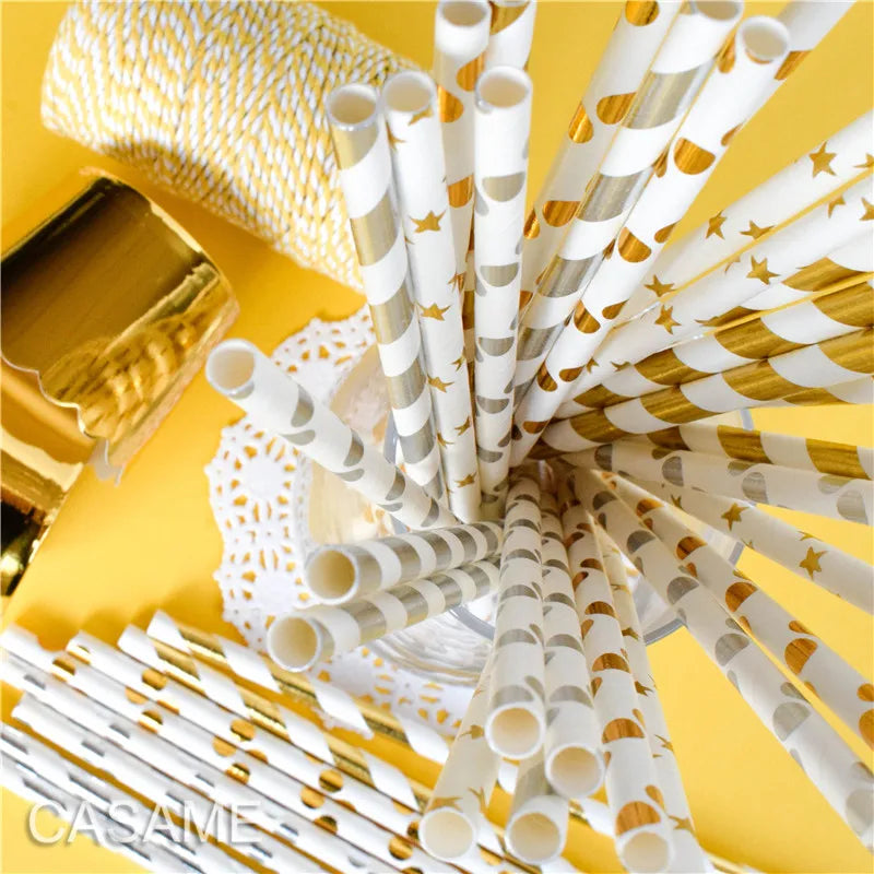 25Pcs Metallic Gold Heart Star Foil Stripe Paper Straws Silver Chevron Wedding Party Decor