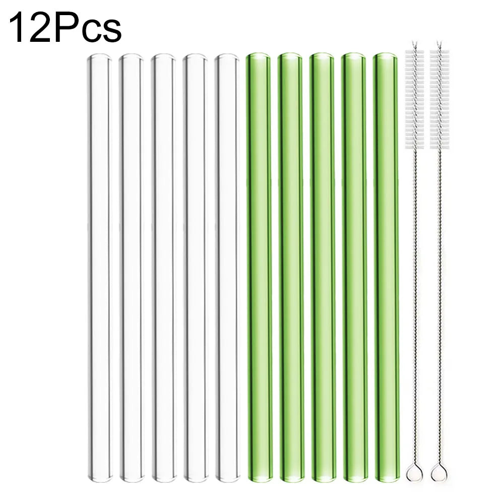 12Pcs Reusable High Borosilicate Glass Straw Wide 12Mm Pearl Milkshake Bubble Tea Straw with Brush Bar Accessories