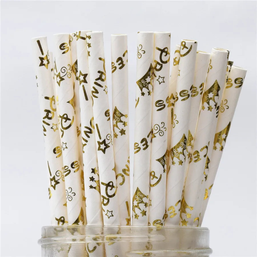 25Pcs Metallic Gold Heart Star Foil Stripe Paper Straws Silver Chevron Wedding Party Decor
