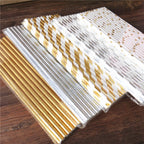 25Pcs Metallic Gold Heart Star Foil Stripe Paper Straws Silver Chevron Wedding Party Decor