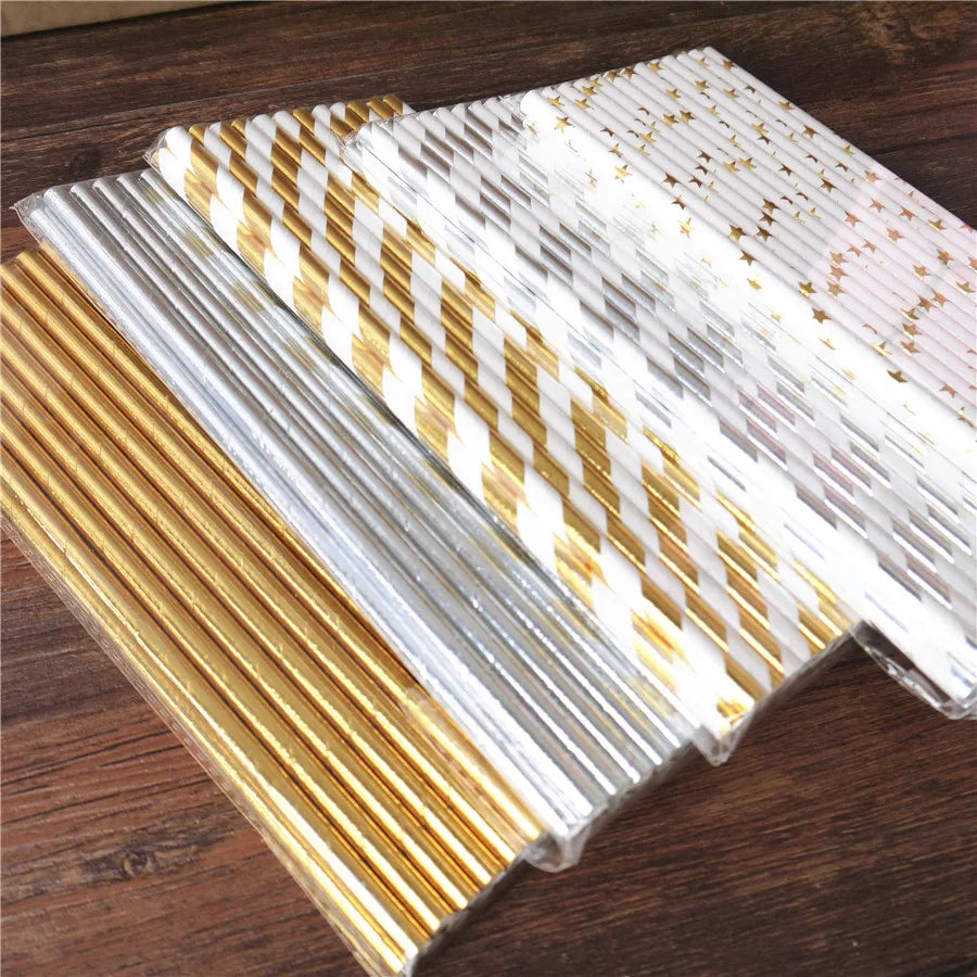 25Pcs Metallic Gold Heart Star Foil Stripe Paper Straws Silver Chevron Wedding Party Decor
