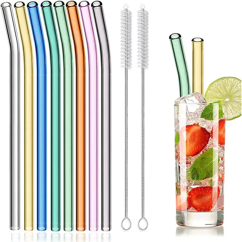 8-Pack 8 Colors Glass Straws Reusable Eco-Friendly Drinking Straws with 2 Cleaning Brush Tea Juice Cocktail Party Supply Summer