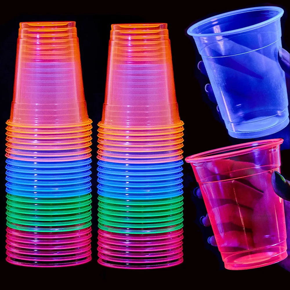 20-200Pcs 12Oz Neon Solid Color Disposable Plastic Cup Pink, Orange, Blue, Green Ice Coffee Cup Clear Plastic Cup Glow in the UV