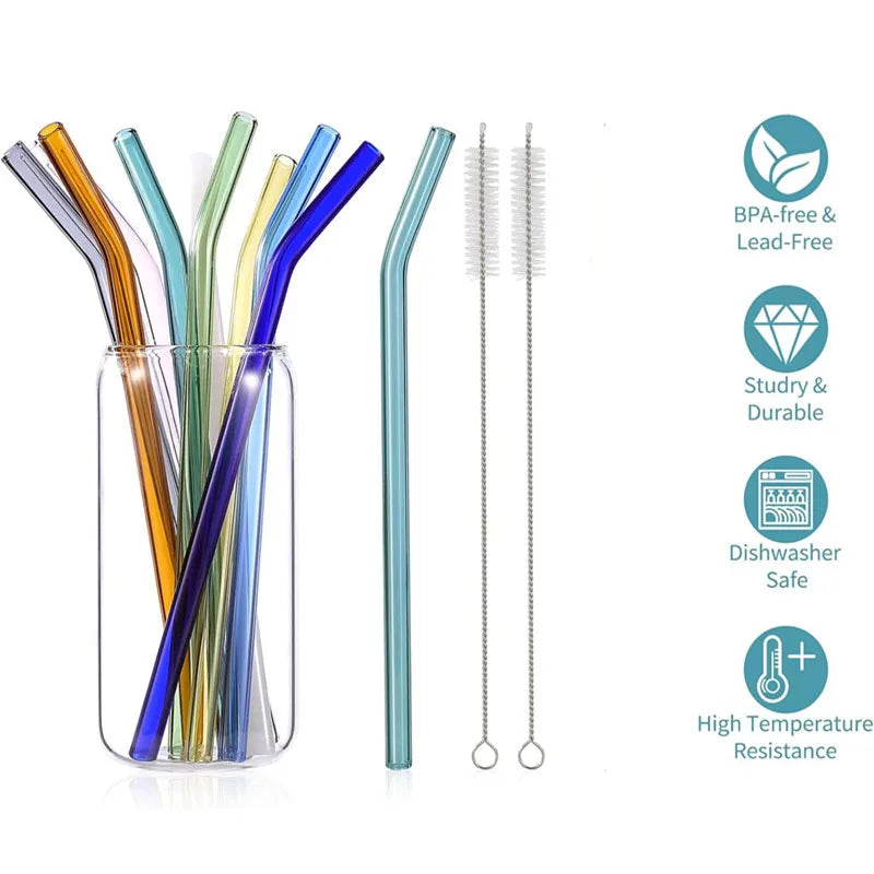 8-Pack 8 Colors Glass Straws Reusable Eco-Friendly Drinking Straws with 2 Cleaning Brush Tea Juice Cocktail Party Supply Summer