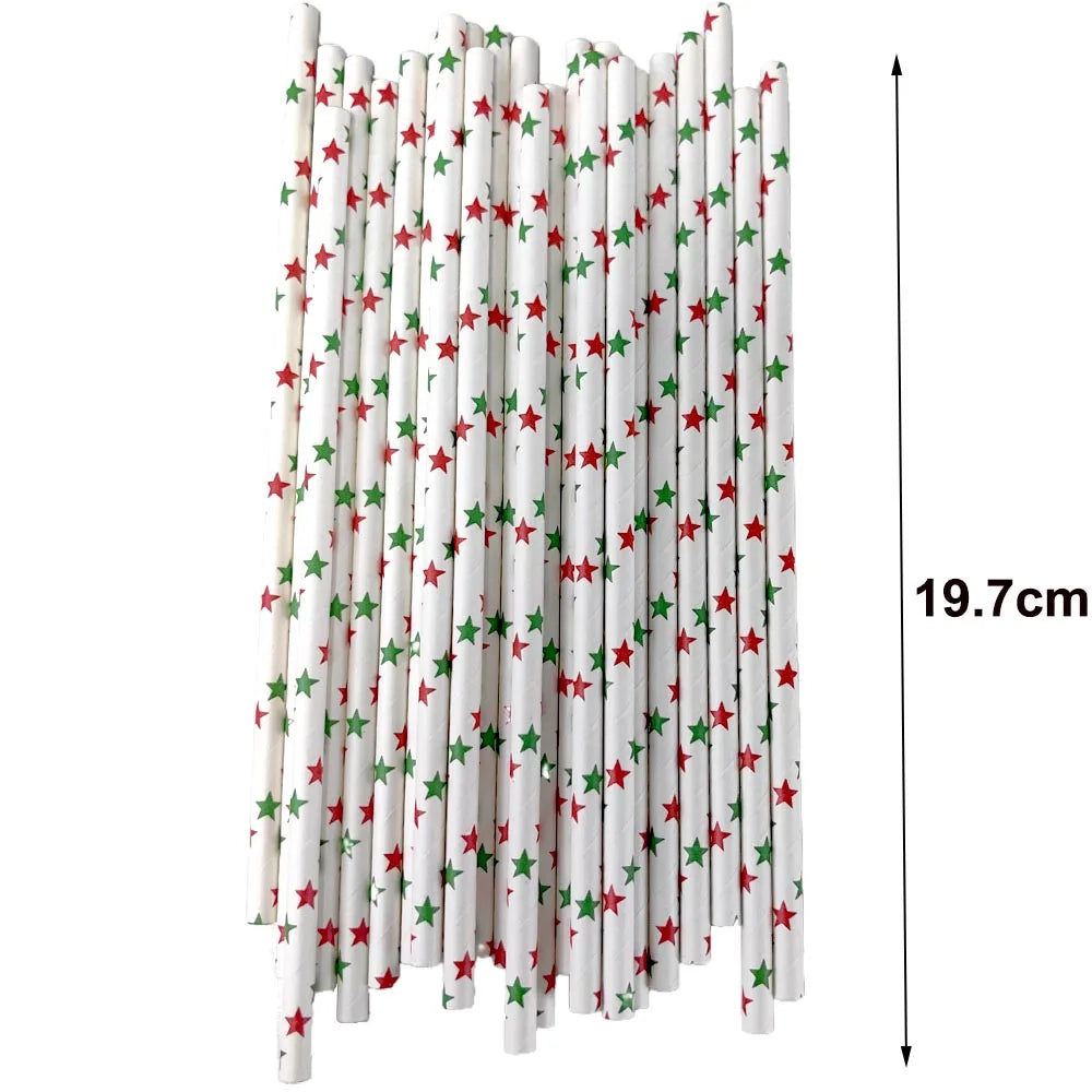 50Pcs Christmas Paper Straws Christmas Tree Elk Snowflakes Striped Straws Disposable Biodegradable Drinking Straws Xmas Supplies