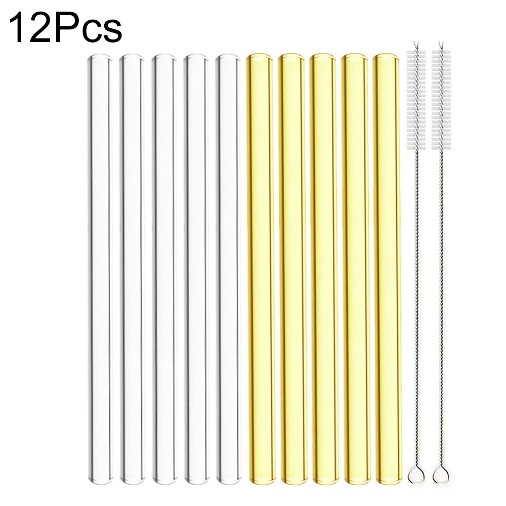 12Pcs Reusable High Borosilicate Glass Straw Wide 12Mm Pearl Milkshake Bubble Tea Straw with Brush Bar Accessories