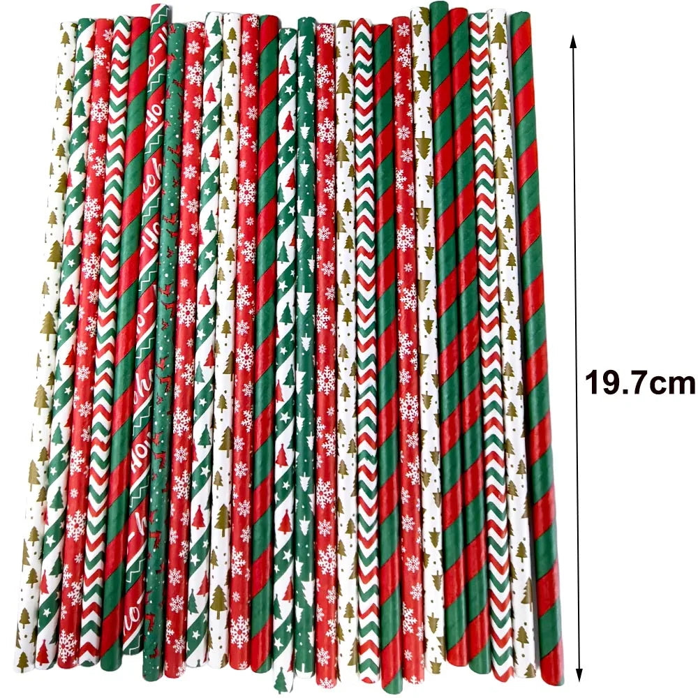 50Pcs Christmas Paper Straws Christmas Tree Elk Snowflakes Striped Straws Disposable Biodegradable Drinking Straws Xmas Supplies
