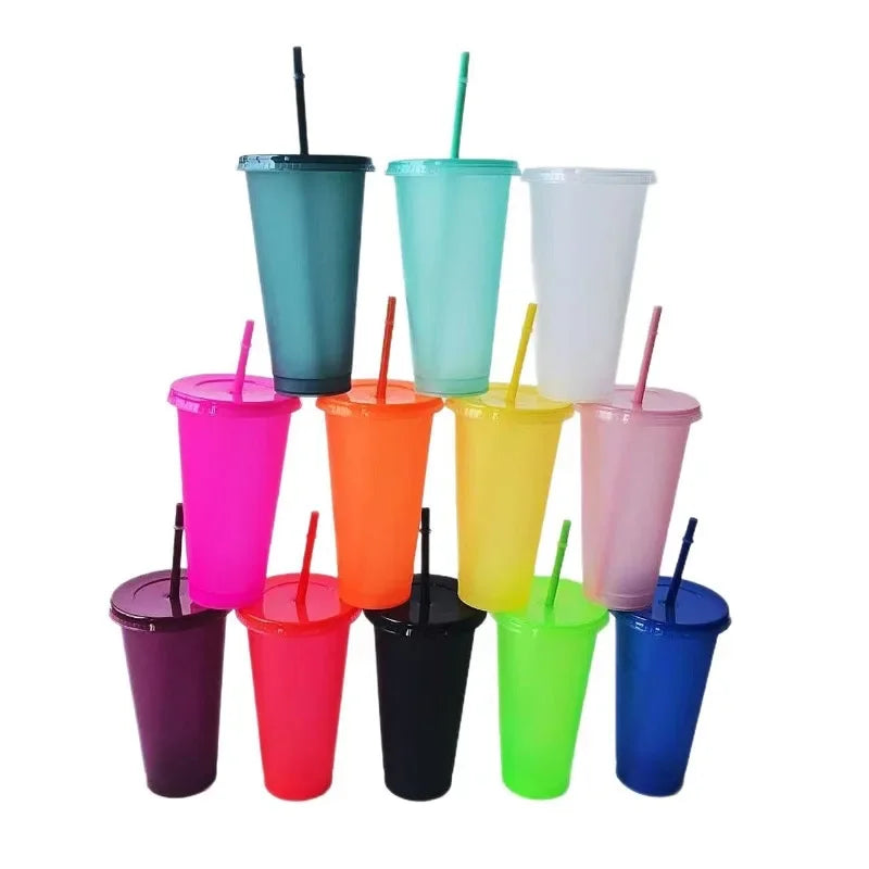 5PCS Assorted Solid Color Reusable 24Oz Plastic Cold Cup Coloured Cup Colored Straw Cup Glasses with Straw and Lid No Logo 710ML