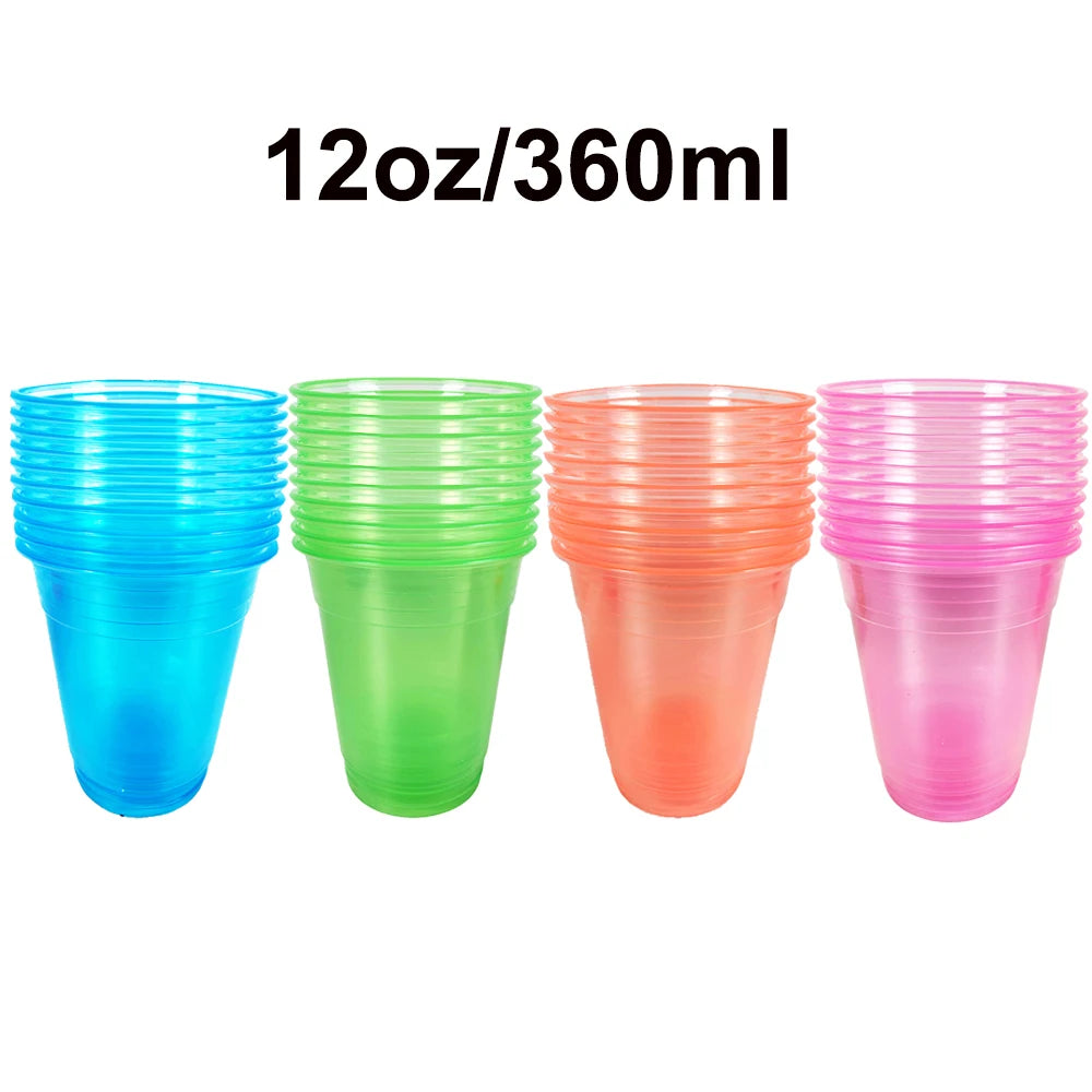 20-200Pcs 12Oz Neon Solid Color Disposable Plastic Cup Pink, Orange, Blue, Green Ice Coffee Cup Clear Plastic Cup Glow in the UV
