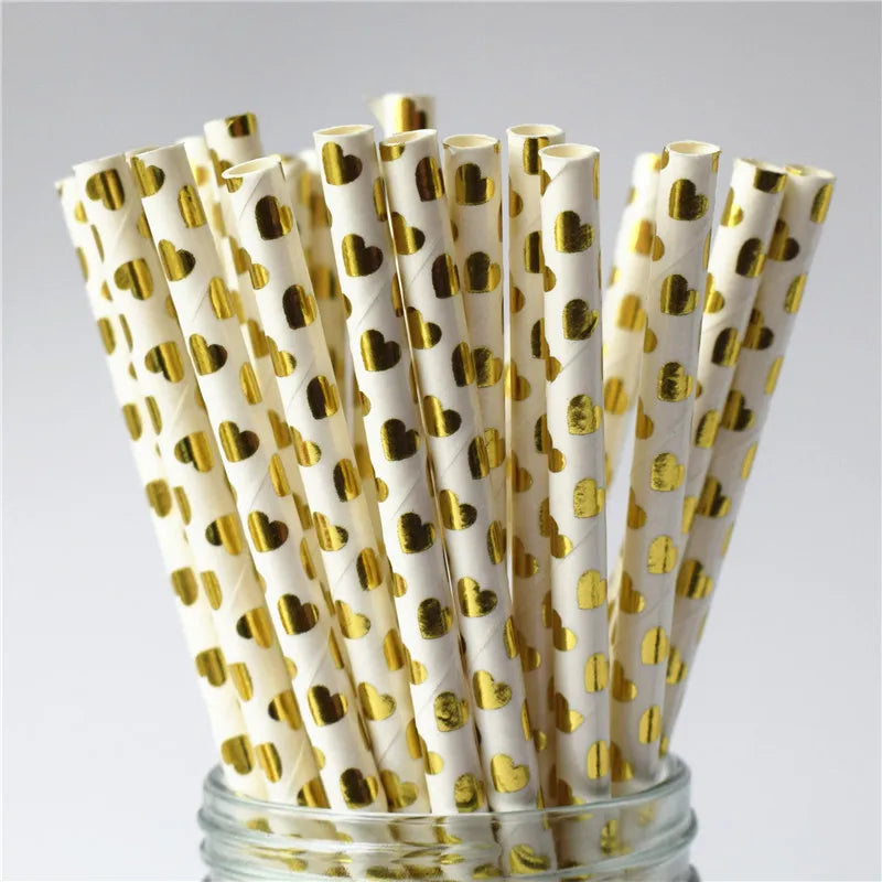25Pcs Metallic Gold Heart Star Foil Stripe Paper Straws Silver Chevron Wedding Party Decor